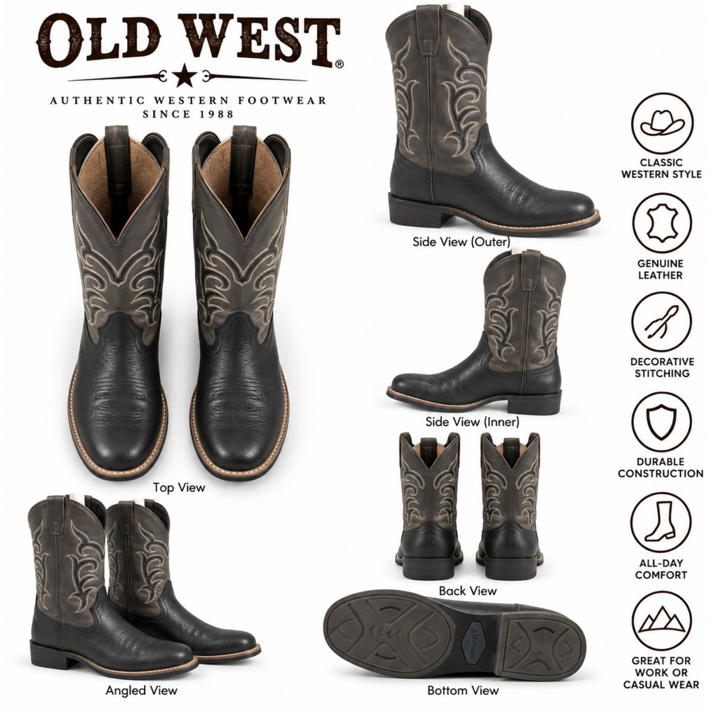 Old West Kids Cowboy Boots size 10 Gray Black Western Square Toe Stitched Detail